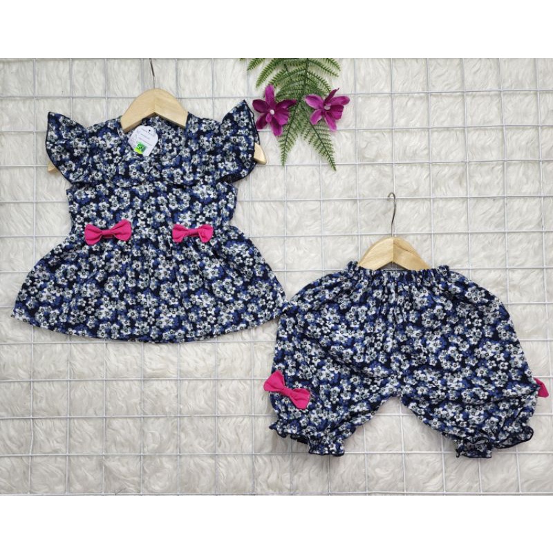 Baju bayi perempuan stelan celana bunga crinkle