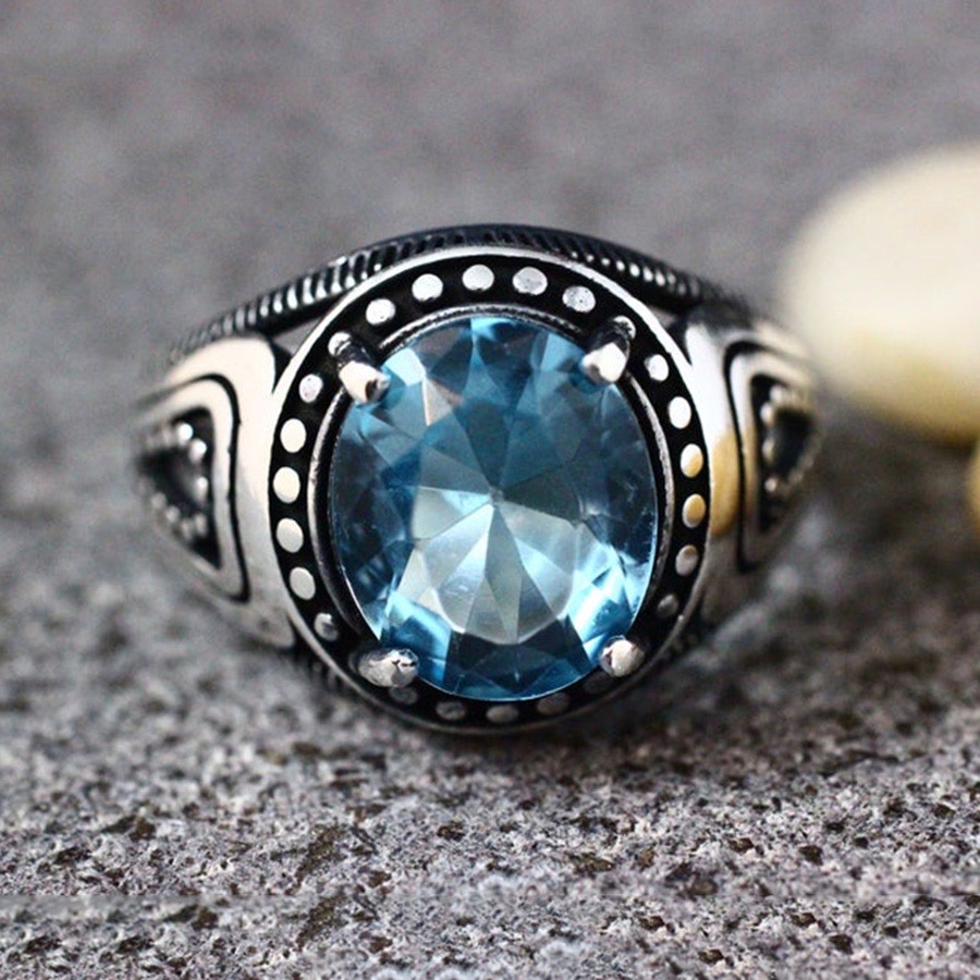 Cincin S925 Perak Sterling Cincin Batu Blue Topaz Pria Punk Fashions