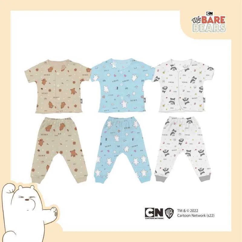 Baju Bayi Setelan Anak Lengan Pendek Kancing Depan Celana Panjang Neci Newborn Fluffy We Bare Bears