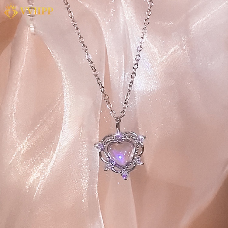 Kalung Rantai Choker Liontin Batu Bulan Kristal Warna Silver Gaya Korea Untuk Wanita