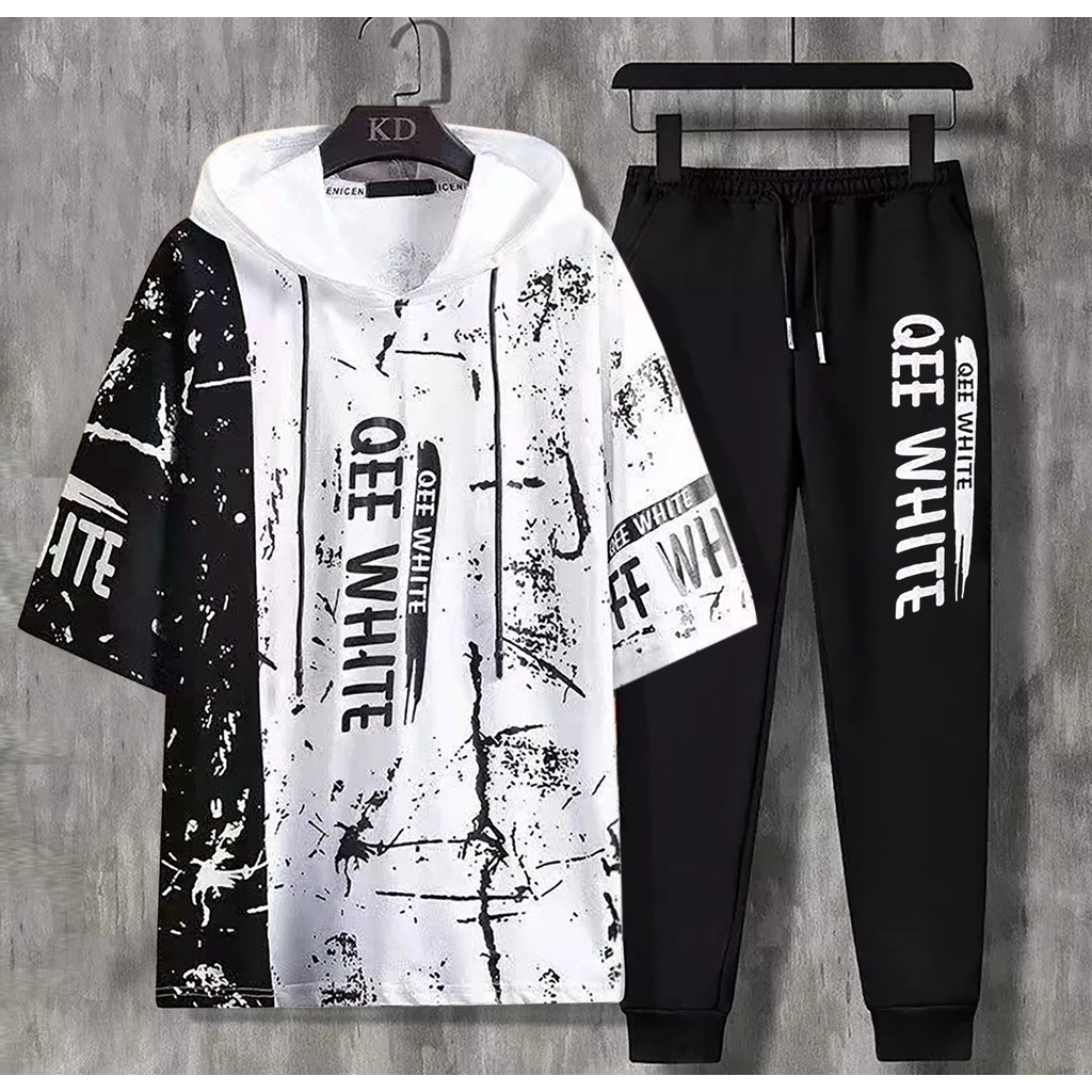BISA COD/JHOSE/STELAN OVERSIZE QEE WHITE/SET ATASAN HOODIE DAN CELANA JOGGER