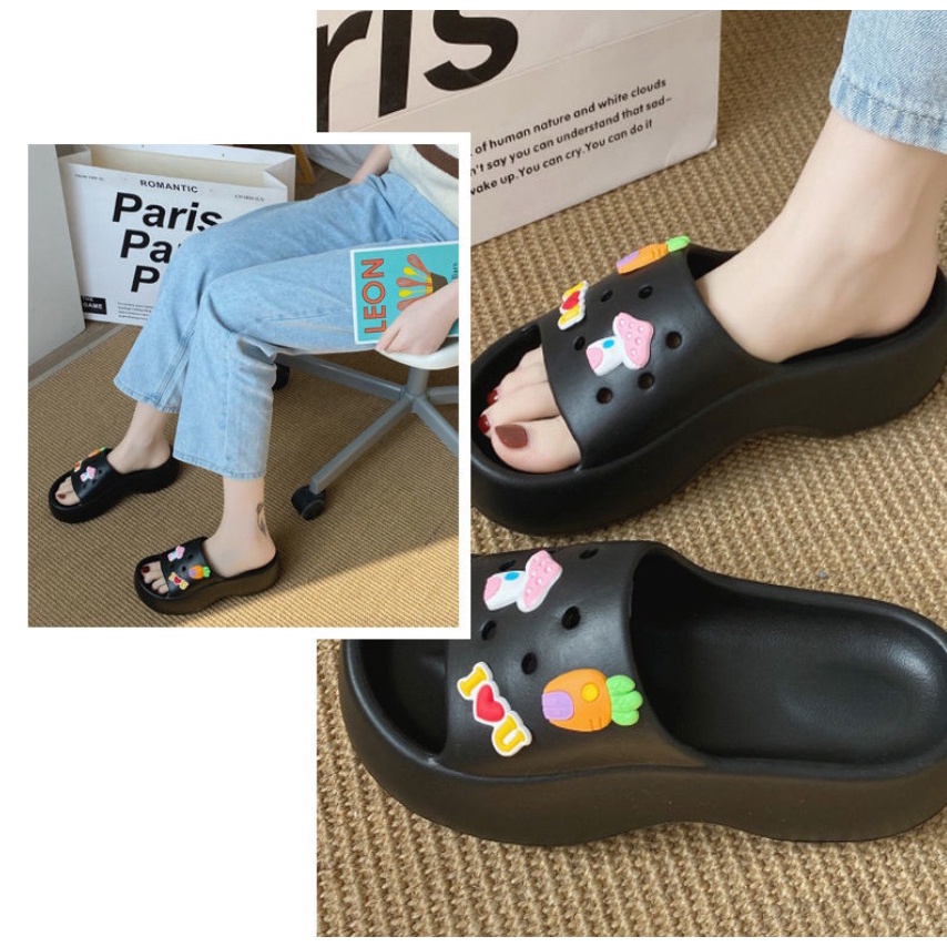 Sandal Wanita Selop Wedges Keren Anti Slip Motif Lucu Jibbitz SP61