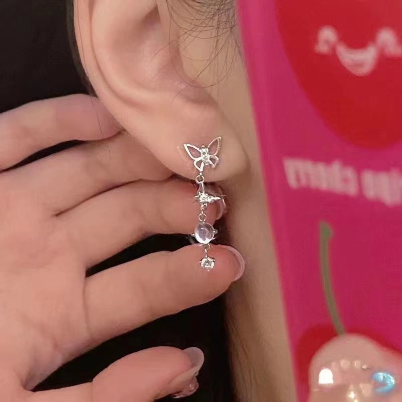 Anting Tusuk Bentuk Busur Zircon S925 Silver Needle Sweet Pink Untuk Wanita A HELLOGRILJEWELRY