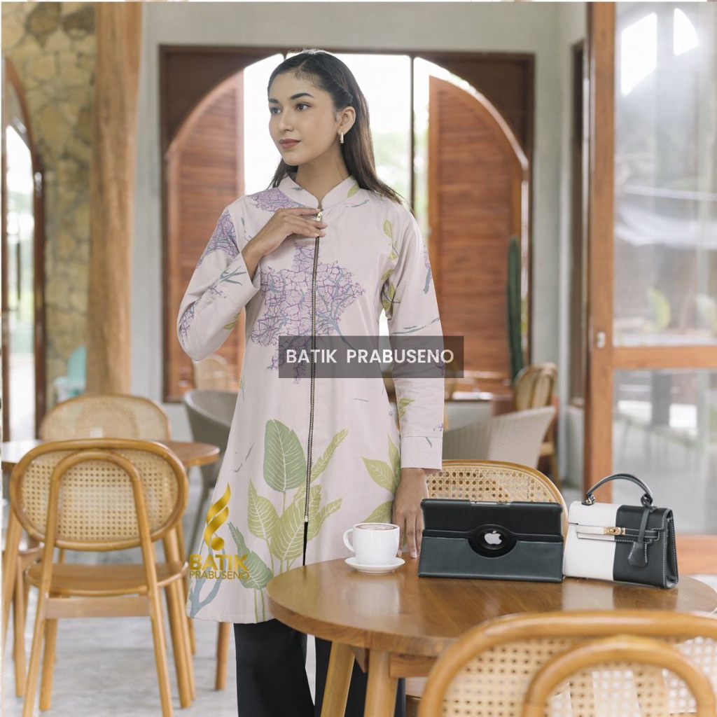 Batik Prabuseno Tunik Wanita Motif  YUKI UNGU   Lengan Panjang Katun Premium Lapis Furing Trikot Jum