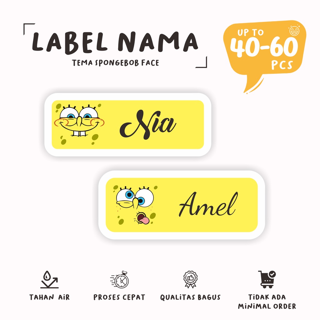 

( 40 - 60 pcs ) stiker label SPONGEBOB FACE/murah bisa custom nama
