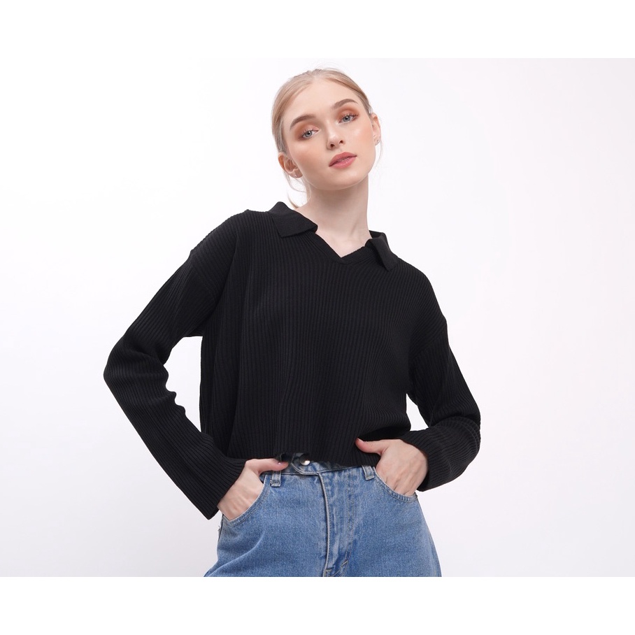 Polo Knit Crop Top Oversize Atasan Rajut Wanita Blouse Berkerah Bahan Lembut