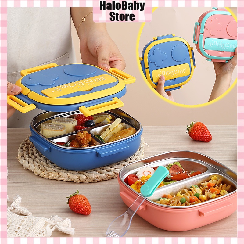 Halo Baby kotak makan anak stainless/lunch box set 3 sekat/bekal makan set anak anti tumpah