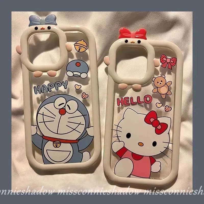 Casing Lensa Monster Busur-Simpul 3D Untuk Samsung A14 A04s A04 A03s A32 A04E A13 A03 A12 A53 A52s A50s A73 A23 A22 A02s A50 A51 A21s A71 A11 Kartun Hello Kitty Doraemon Couple Case