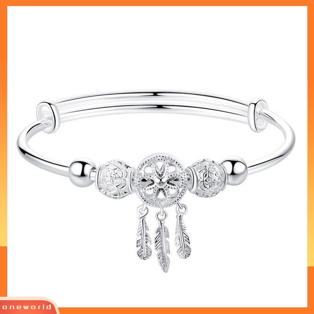 Gelang Bangle Adjustable Bentuk Lingkaran Hias Manik-Manik Bulu Rumbai Warna Silver Untuk Wanita