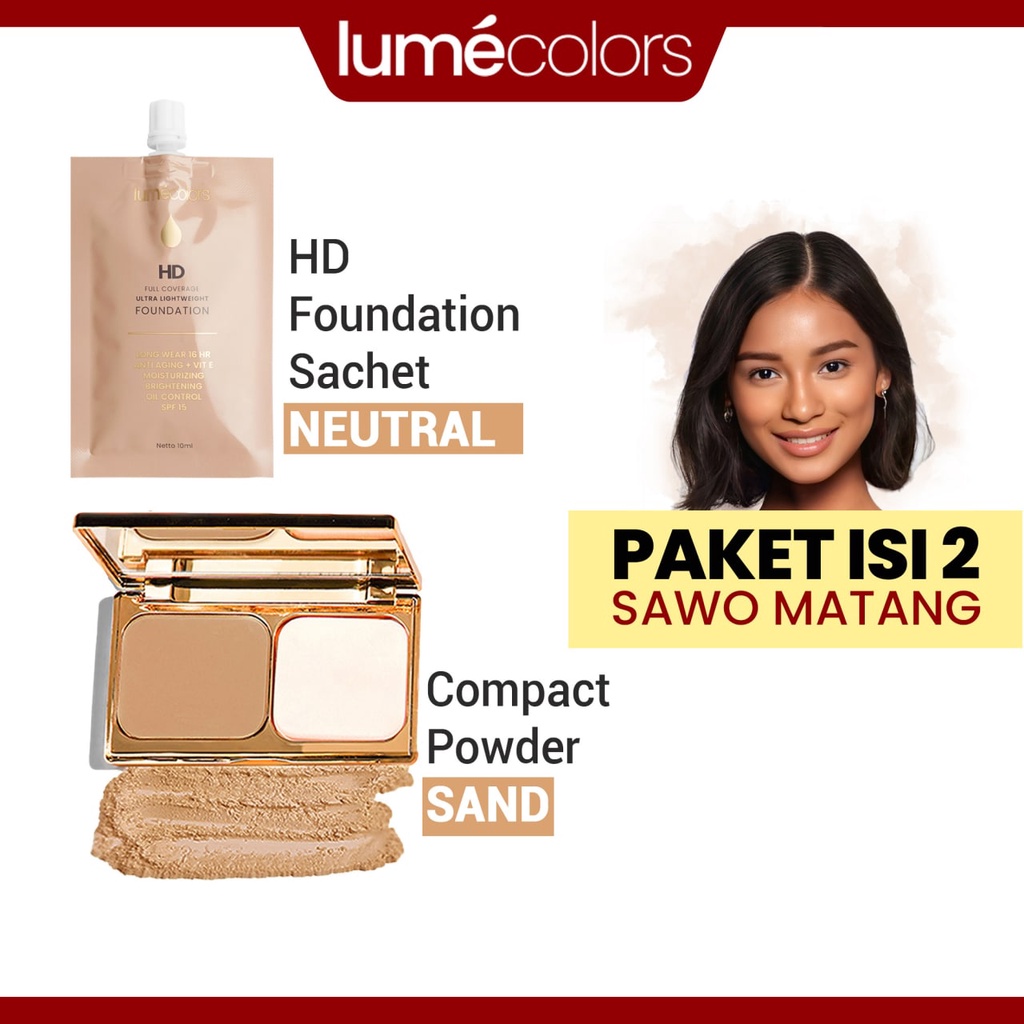 (Free Emas 24K) Lumecolors Paket Bundling 2in1 Double Action Compact Powder + Sachet Foundation 10ml