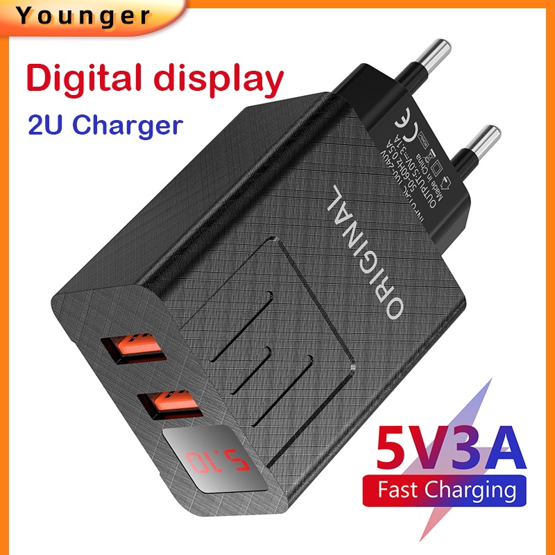 Adapter Charger 2 Port USB Tipe-C Fast Charging Display LED Untuk Iphone / Android