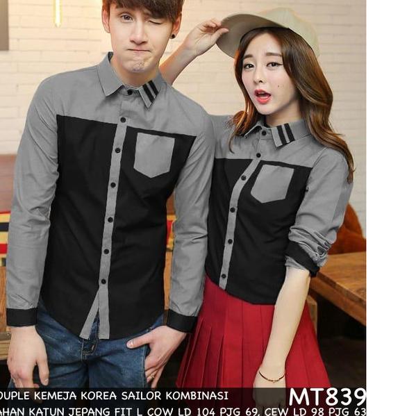 KEMEJA COUPLE/KEMEJA PASANGAN/BAJU COUPLE KOREA HEM SAILOR KOMBINASI - Hitam