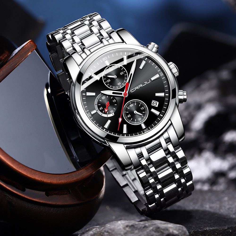 CRRJU Jam Tangan Pria Luxury Stainless Steel Quartz Original Anti Air Watch Jam Tangan Kalender Otomatis Bercahaya Multifungsi Olahraga Chronograph