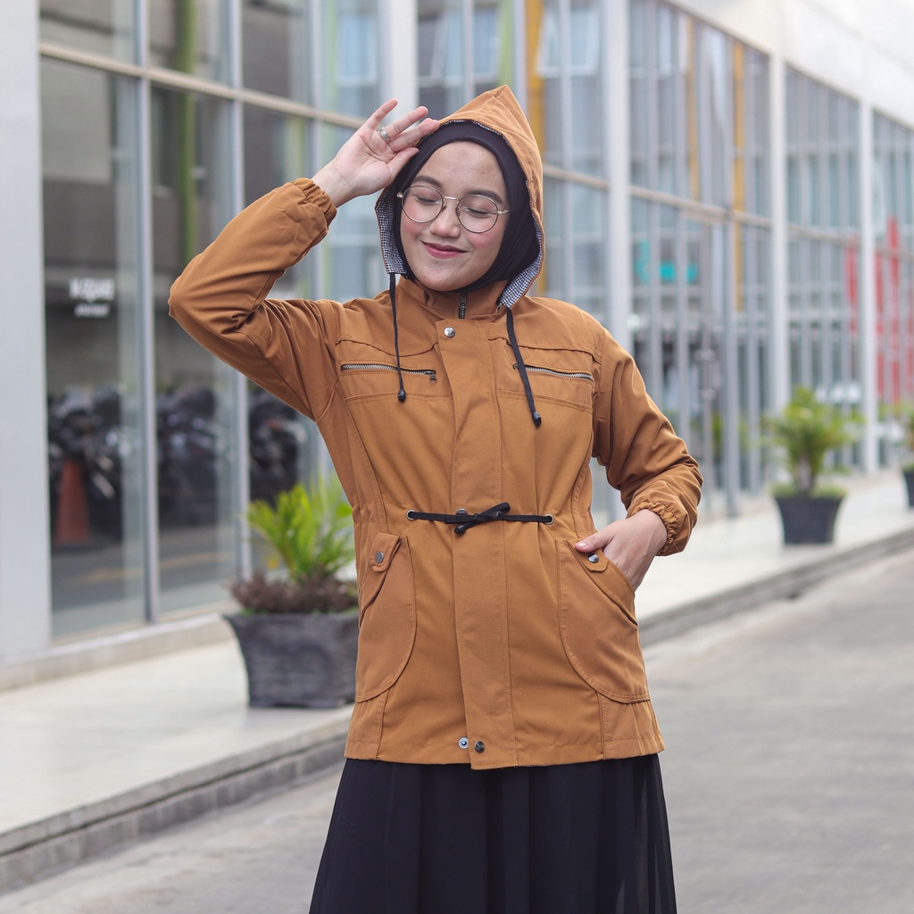 Jaket Wanita Parka Hijra Bahan Kanvas TR Premium Ukuran L XL Hoodie Bisa Dilepas Terlaris
