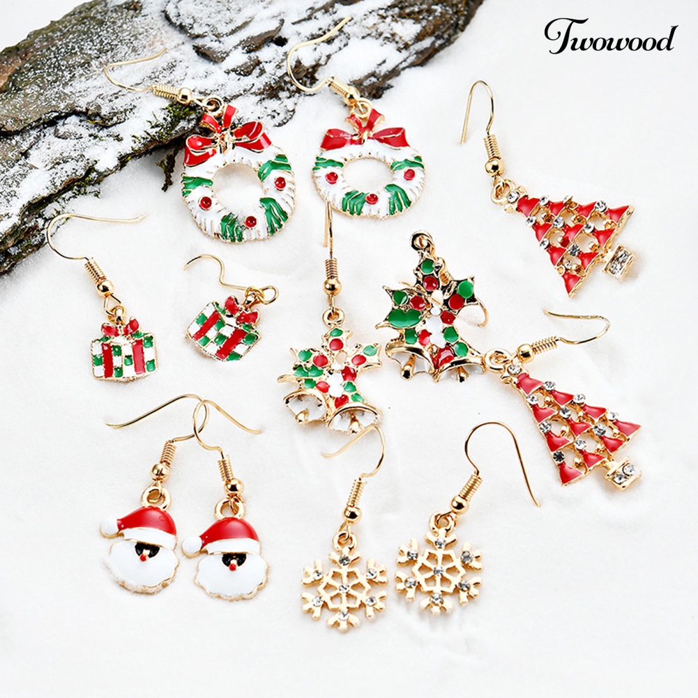 6 Pasang Anting Hook Desain Santa Claus Snowflake Jingle Bell Untuk Wanita