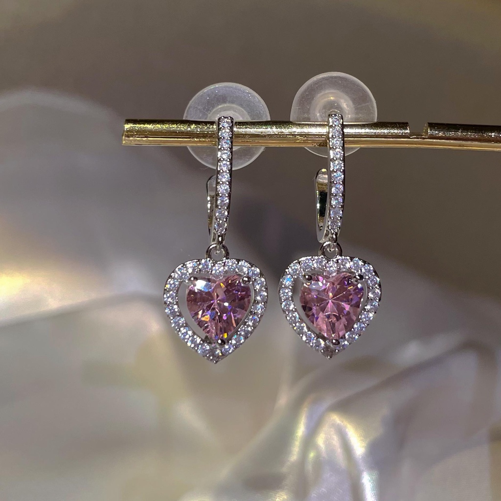 Barbie Anting 925 Silver Shiny Pink Cubic Zirconia Bentuk Hati Untuk Wanita