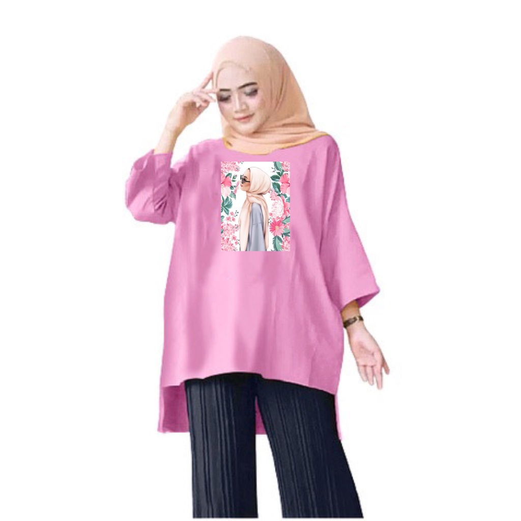 Tunik Jumbo Wanita Hijab Bunga Pink/ Atasan Wanita XL-XXL