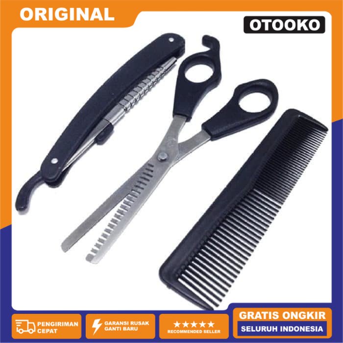 3in1 Set Alat potong Rambut Gunting Sasak Sisir Pisau cukur lipat