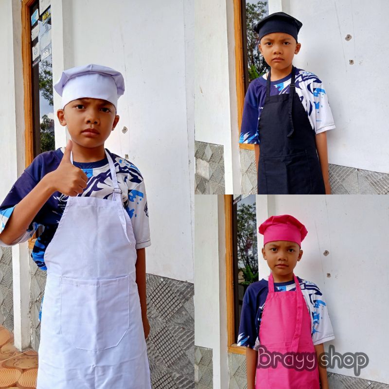 celemek anak bahan drill / paket celemek dan topi koki untuk anak-anak