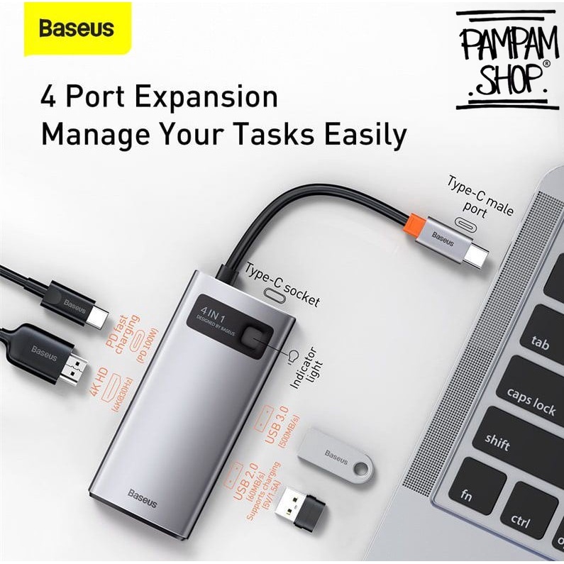 Baseus Original Metal Gleam 4 in 1 HUB Type C to 4K HDMI USB 3.0 100W Docking Station Multifunctional Tipe C Fast Charging Adapter Adaptor Ori