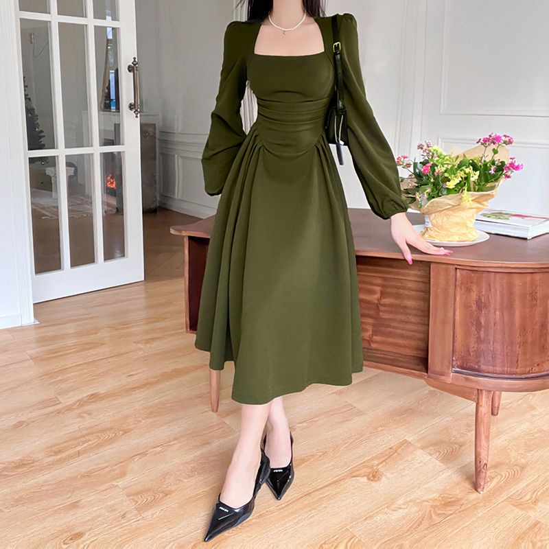 instunning French tea break retro square collar dress women s autumn new waist slimming skirt