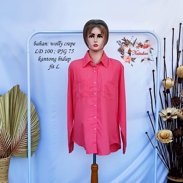 Kemeja Oversize Shirt Polos Pocket Kantong Tunik Kemeja Wanita Polos Dusty Pink Baju Atasan Cewek Full Kancing