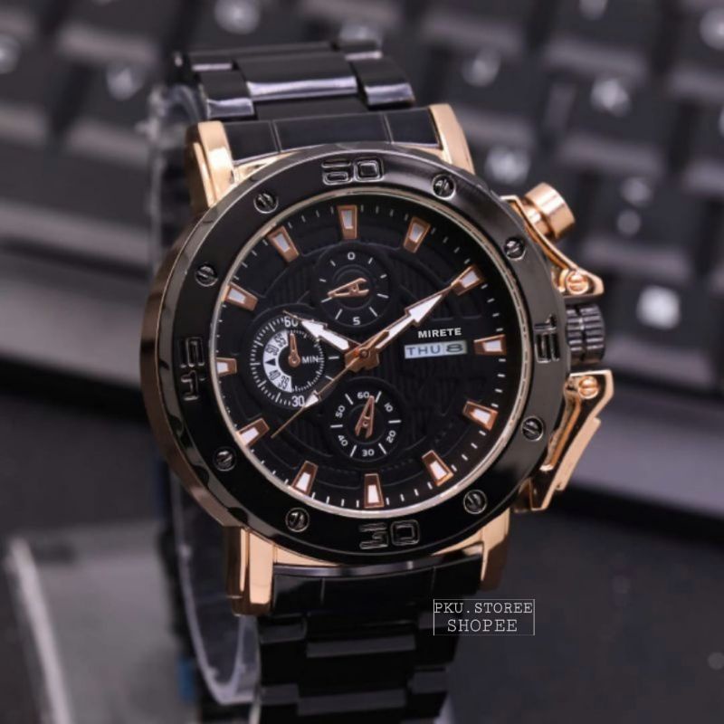 Jam Tangan Pria Mirete Original | Water Resistance | Tanggal Aktif FULL Black