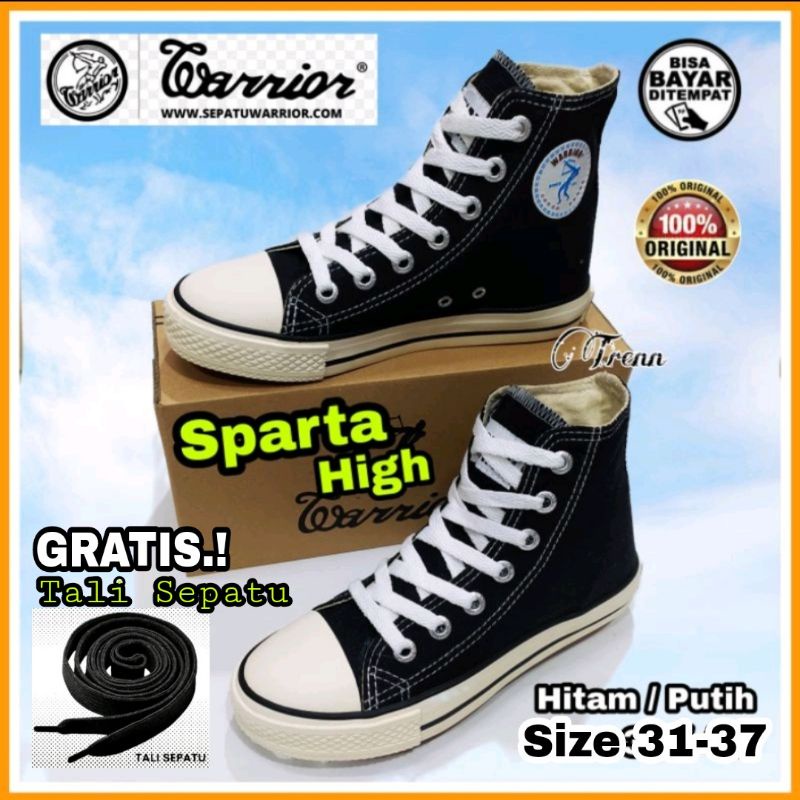 WARRIOR Sepatu Sekolah Kuliah Pria Wanita Kekinian Warior Sparta High Tinggi Kanvas Sol Karet Black White Hitam Putih Size 37 sd 44 - Gratis Tali Sepatu