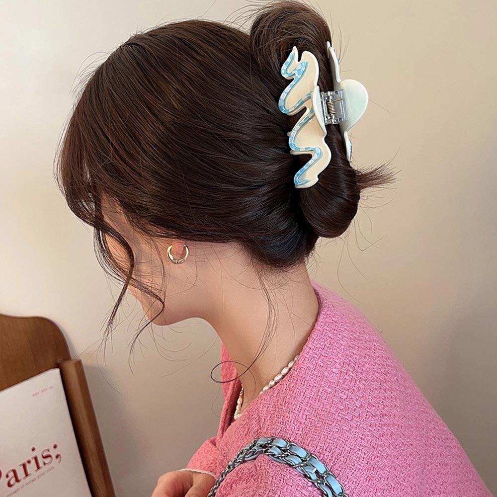 NEEDWAY Wanita Cakar Rambut Trendi Hiasan Kepala Gelombang Manis Untuk Gadis Ponytail Holder Rambut Kepiting Temperamen Kisi Hiu Klip