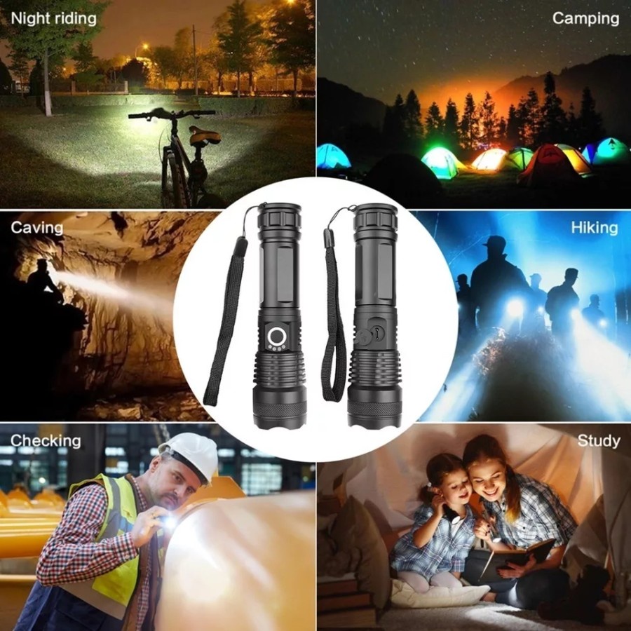 Paket lengkap Senter LED Tactical 200000 Lumens Xhp 50 -  Kualitas Cahaya Super Terang
