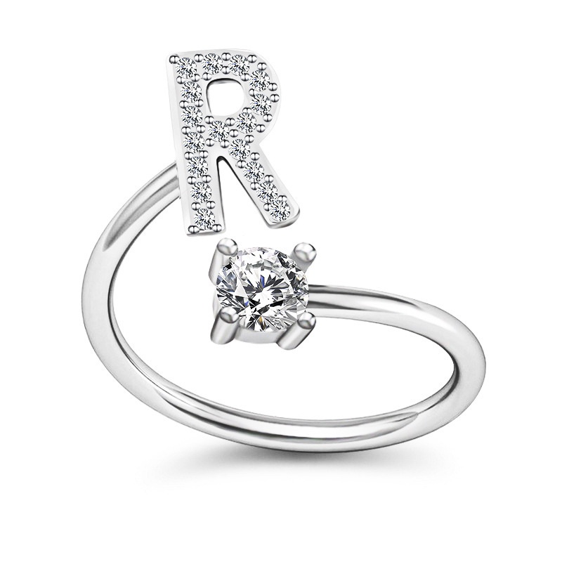 Korea Sederhana Surat Liar Berlian 26huruf Inggris Terbuka Adjustable Cincin Halo Perhiasan Gadis-R
