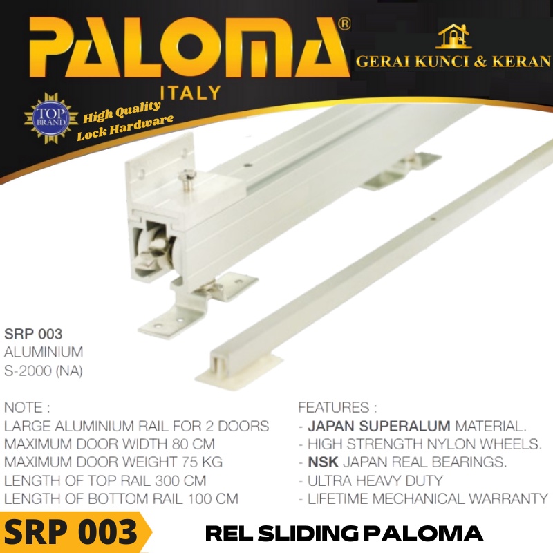 PALOMA SRP 003 REL SLIDING PINTU 3 METER UNTUK 2 DAUN PINTU