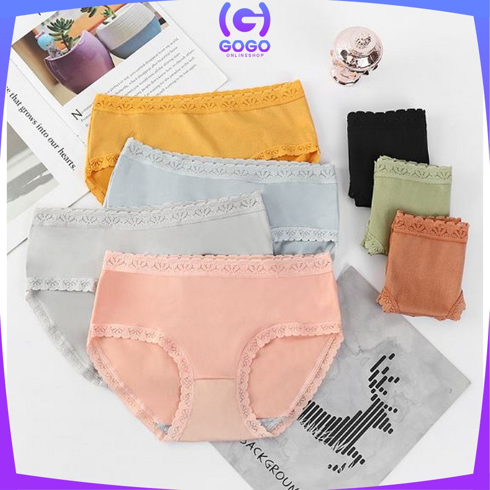 GOGO-P128 Celana Dalam Wanita Renda Motif Polos CD Wanita Pakaian Dalam Anti Nyeplak CD Warna Warni Polos Impor