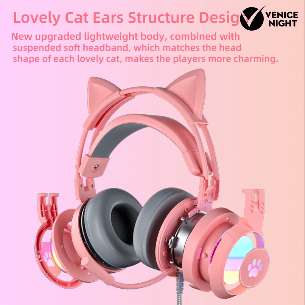 (VNEP) (Berkabel) SY-G25 Headphone Pencahayaan RGB Omni-directional Mic Over-Ear Komputer Headphone dengan Cute Cat Ear untuk E-sport