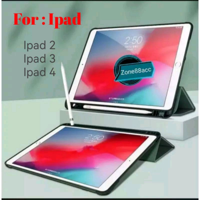 Ipad 2 / ipad 3 / ipad 4 / Smartcase tempat Pen Sarung Leather Flip Folio Book Cover Casing Buku Stand standing Pelindung Flipcover autolock Case