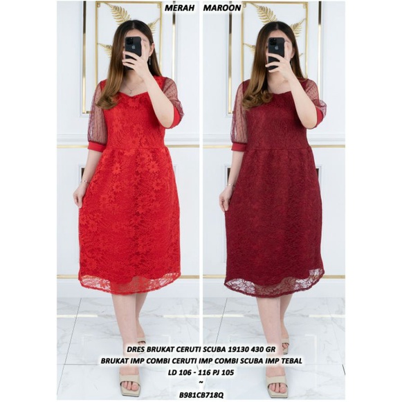 DRESS WANITA TERBARU BROKAT CERUTY SCUBA TEBAL IMPORT 19130