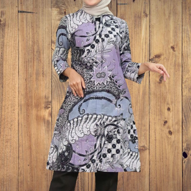 tunik batik cambuk ungu soft original Arta batik super batik wanita busui kancing depan full baju ba