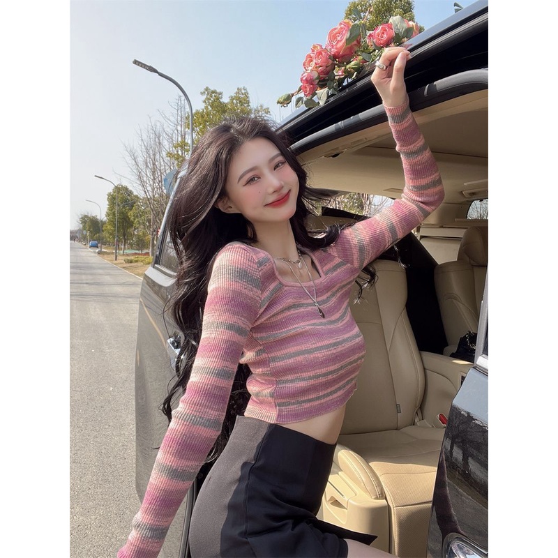 Hot girl gaya BM bergaris rajutan sweater wanita musim semi dan musim gugur ukuran besar gemuk mm slim fit bottoming kemeja dengan top in pasang