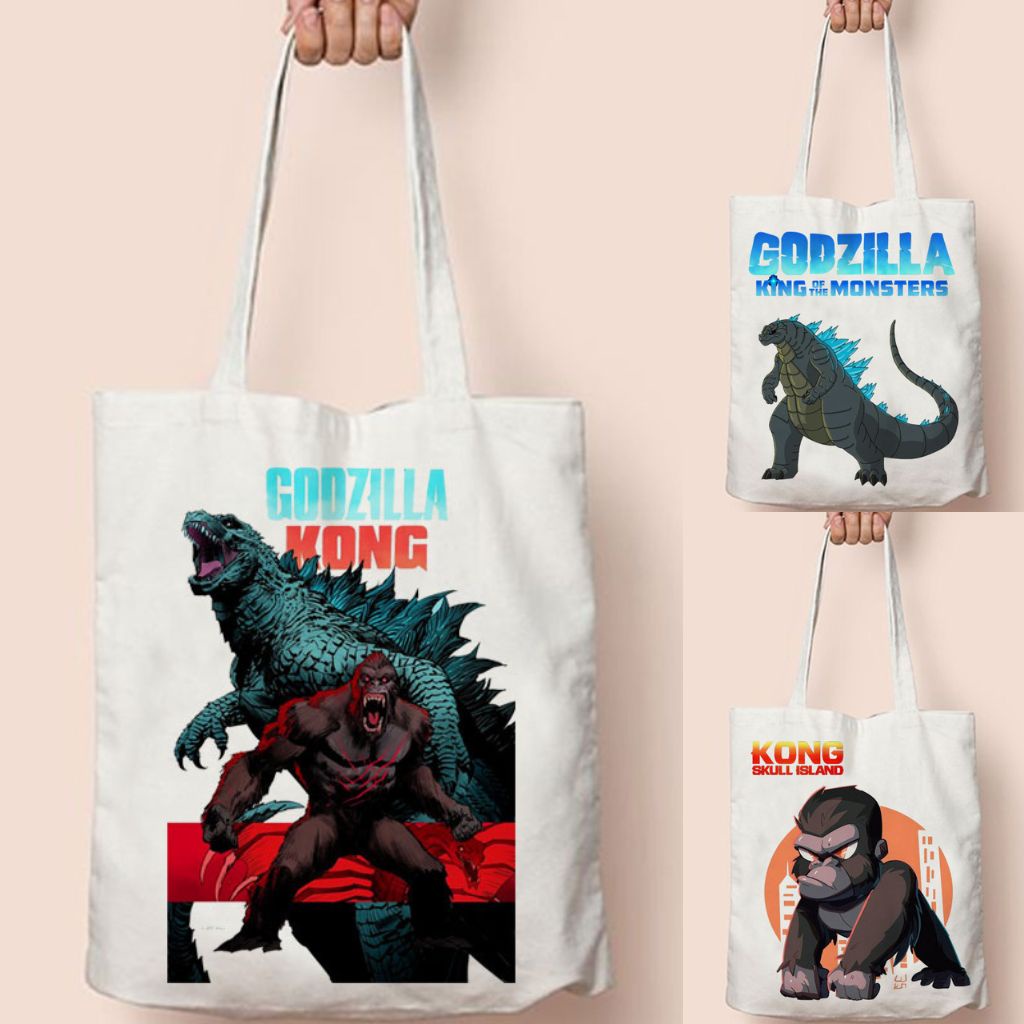 Totebag Tote Bag Lucu Godzilla Kong Souvenir Ultah Ulang Tahun Tas Les Slempang Anak