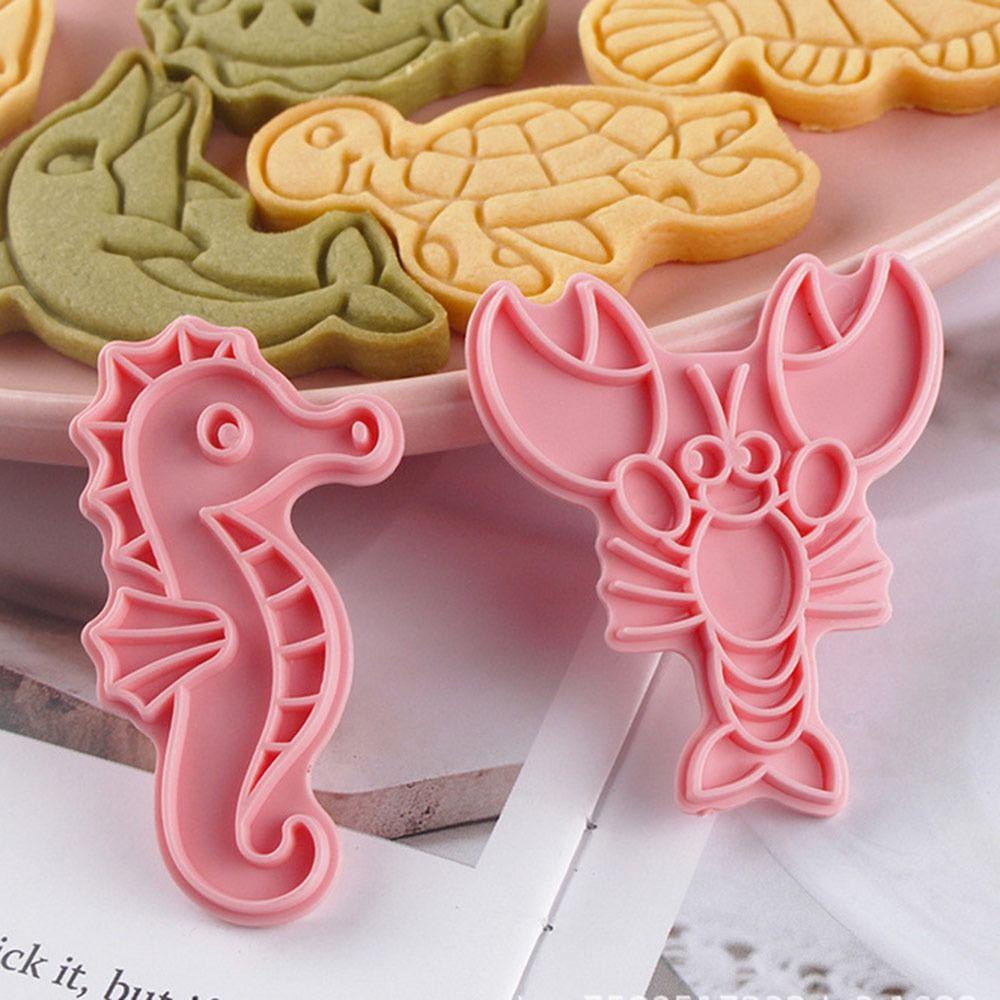 Solighter 8pcs/set Hewan Laut DIY Alat Kue Dolphin Hiu Kuda Laut Plunger Plastik 3D Cookie Cutter