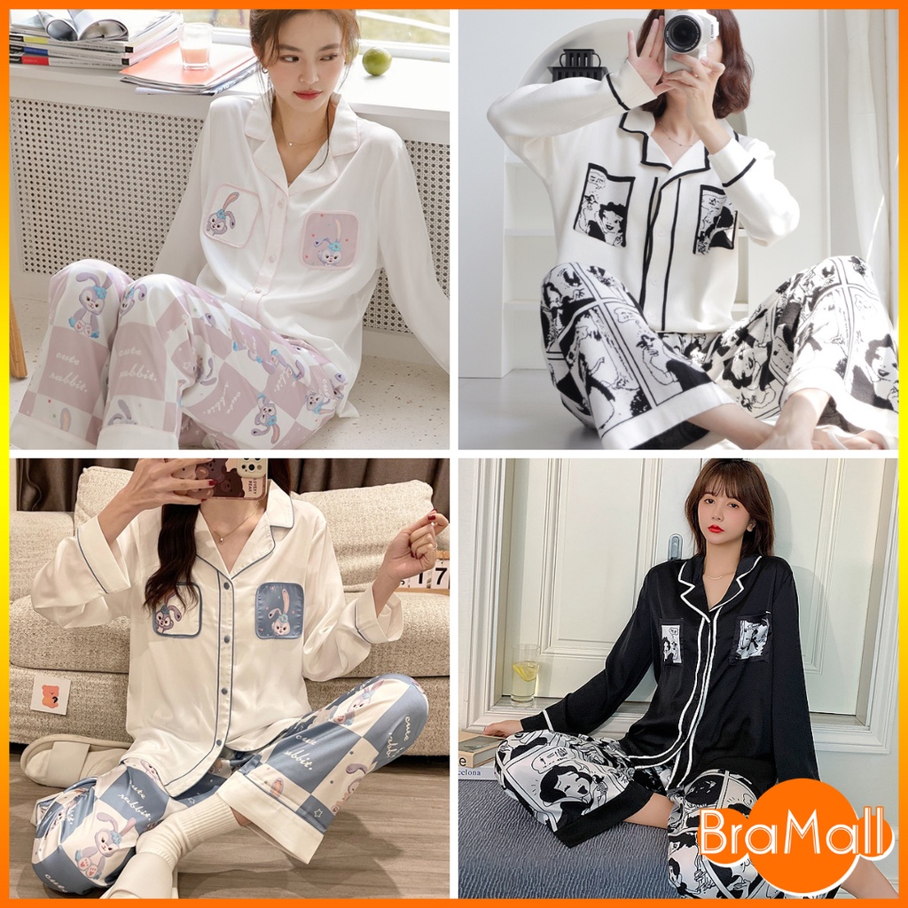 【 Bra Mall 】BM-343 Piyama Baju Tidur Wanita Import PP Fashion Kerah Kancing Lengan Panjang Celana Panjang