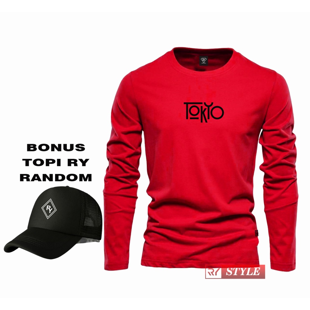 BONUS TOPI.. Kaos Lengan Panjang Tokyo Motif Hitam + Topi Random / Kaos Pria / kaos Polos