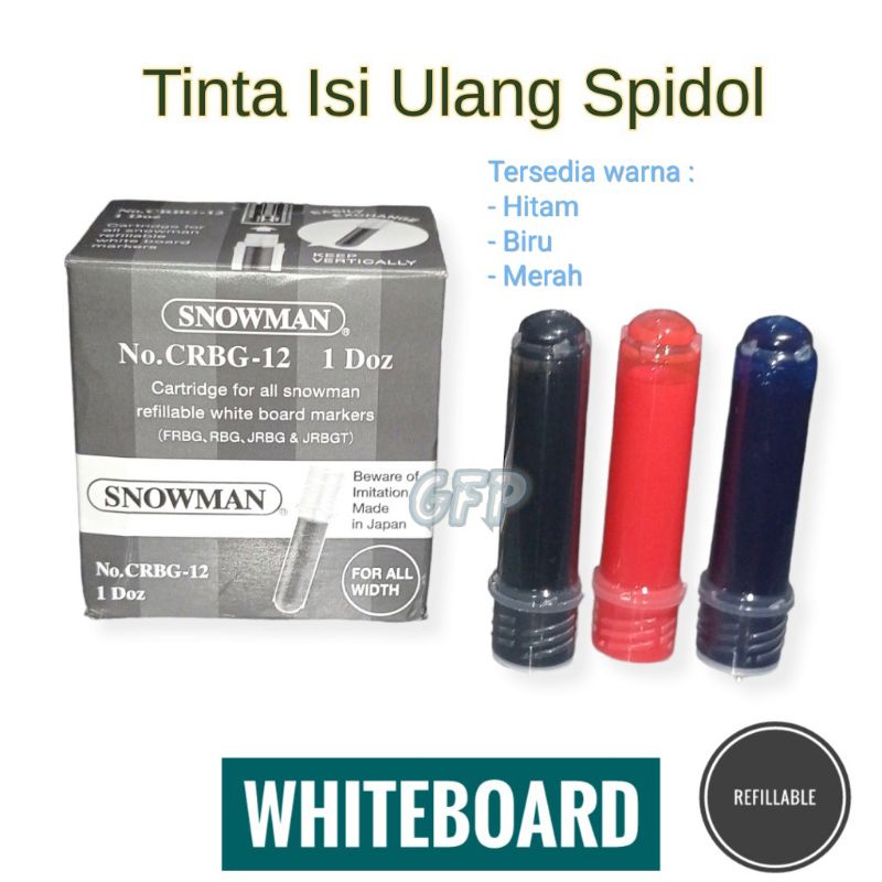 Refill Isi Ulang Spidol Whiteboard Refillable Snowman CRBG-12 Cartridge Warna Hitam Merah Biru