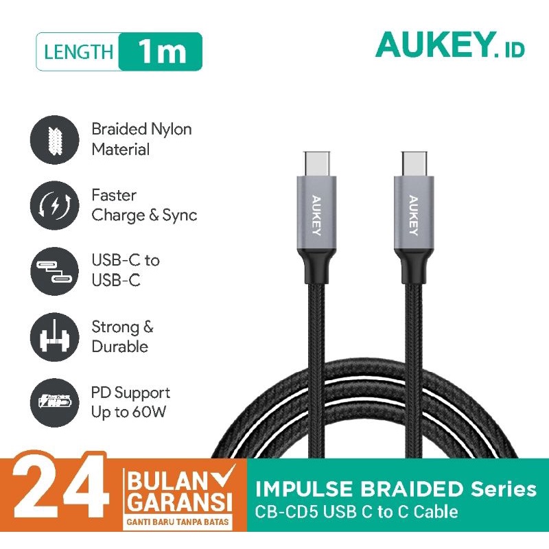 Aukey Kabel Charger USB Type C to C Cable CB-CD5 1M Braided USB 2.0