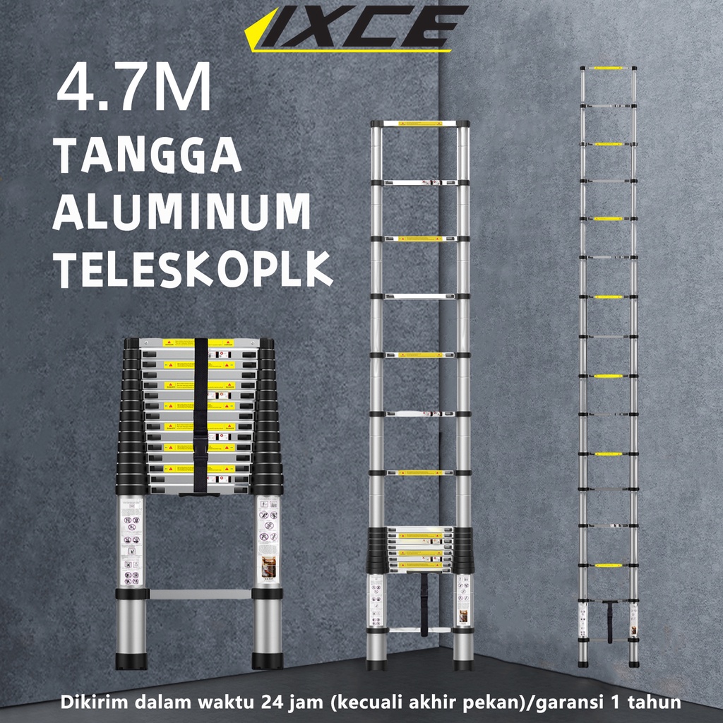 IXCE Tangga teleskopik 4.7m 15 Steps bahan paduan aluminium berkualitas tinggi tidak berkarat, telescopic teleskop Harga grosir bisa nego