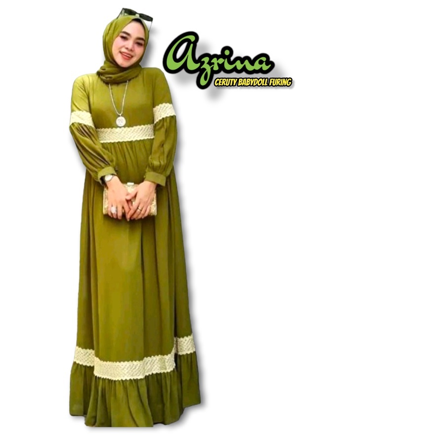 Baju Gamis Azrina Warna Hijau Army Avocado Dress Ceruty Jumbo Ukuran M-4XL Gamis Lebaran Model Terba