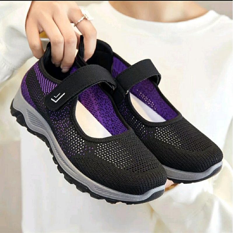 sepatu wanita import cross strap tali velcro flat shoes sol abu good quality + packing pake Box