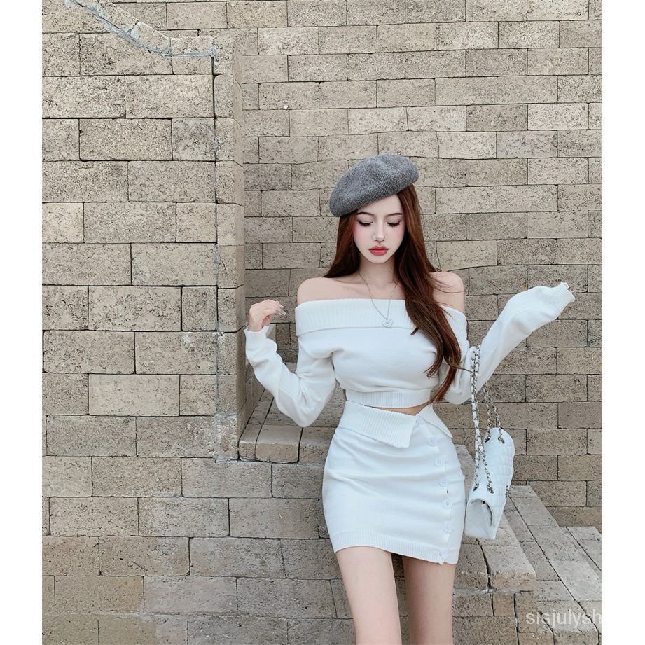 #Sisjuly# Atasan rajutan kerah satu bahu baru wanita + set setelan rok setengah badan pinggul paket