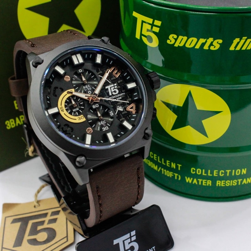 Jam Tangan Pria T5 H 3479G Original Chronograph Water Resistant Tali Kulit Termasuk Kotak Buku Manua