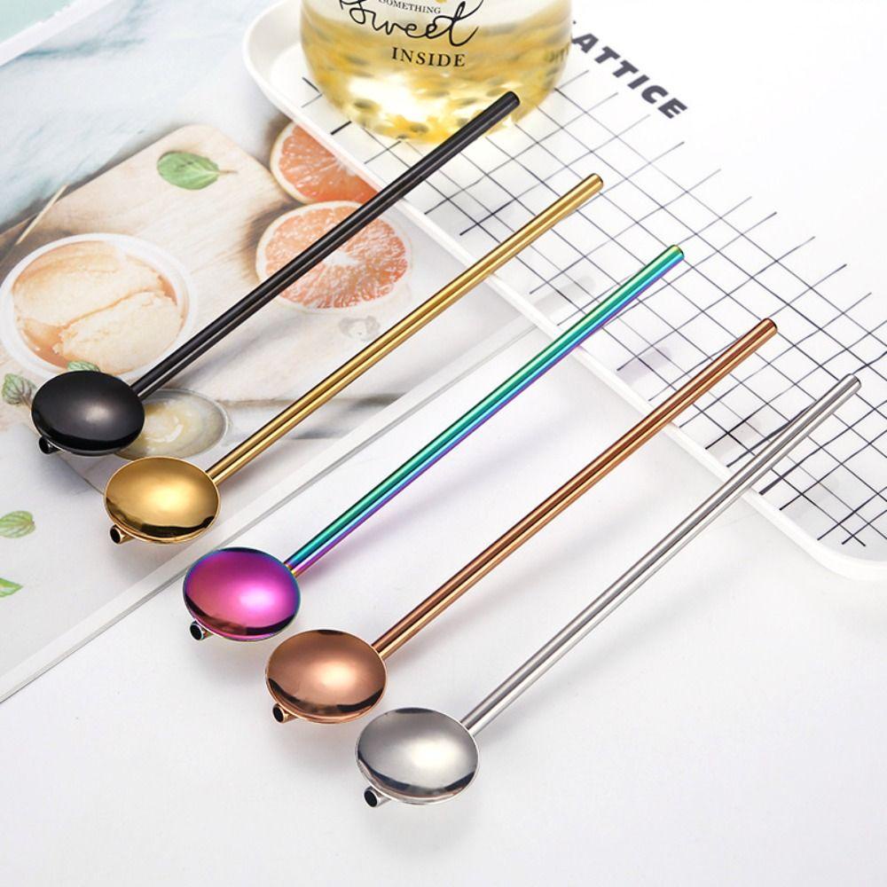 [Elegan] Sendok Sedotan Minum Cocktail Home Reusable Colorful Stainless Steel Tahan Panas Bar Tools